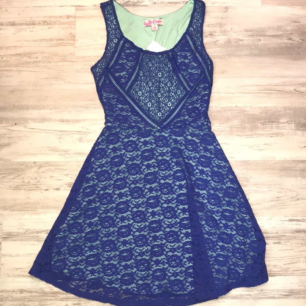 Candie’s blue & lt green CROCHET chamise dress XS